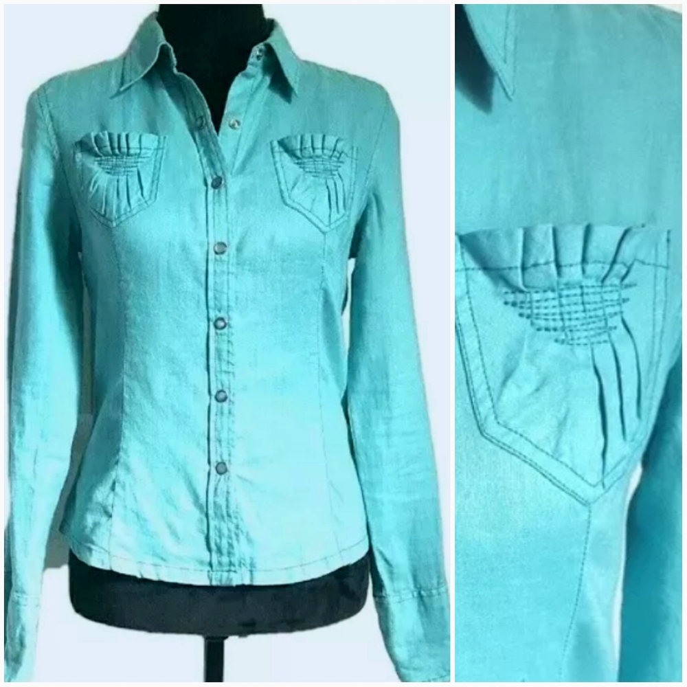 Dkny Active Linen Snap Button Down Top - image 1